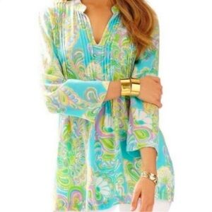 Lilly Pulitzer Sarasota Shorely Blue Long Sleeve Tropical Tunic Size Large
